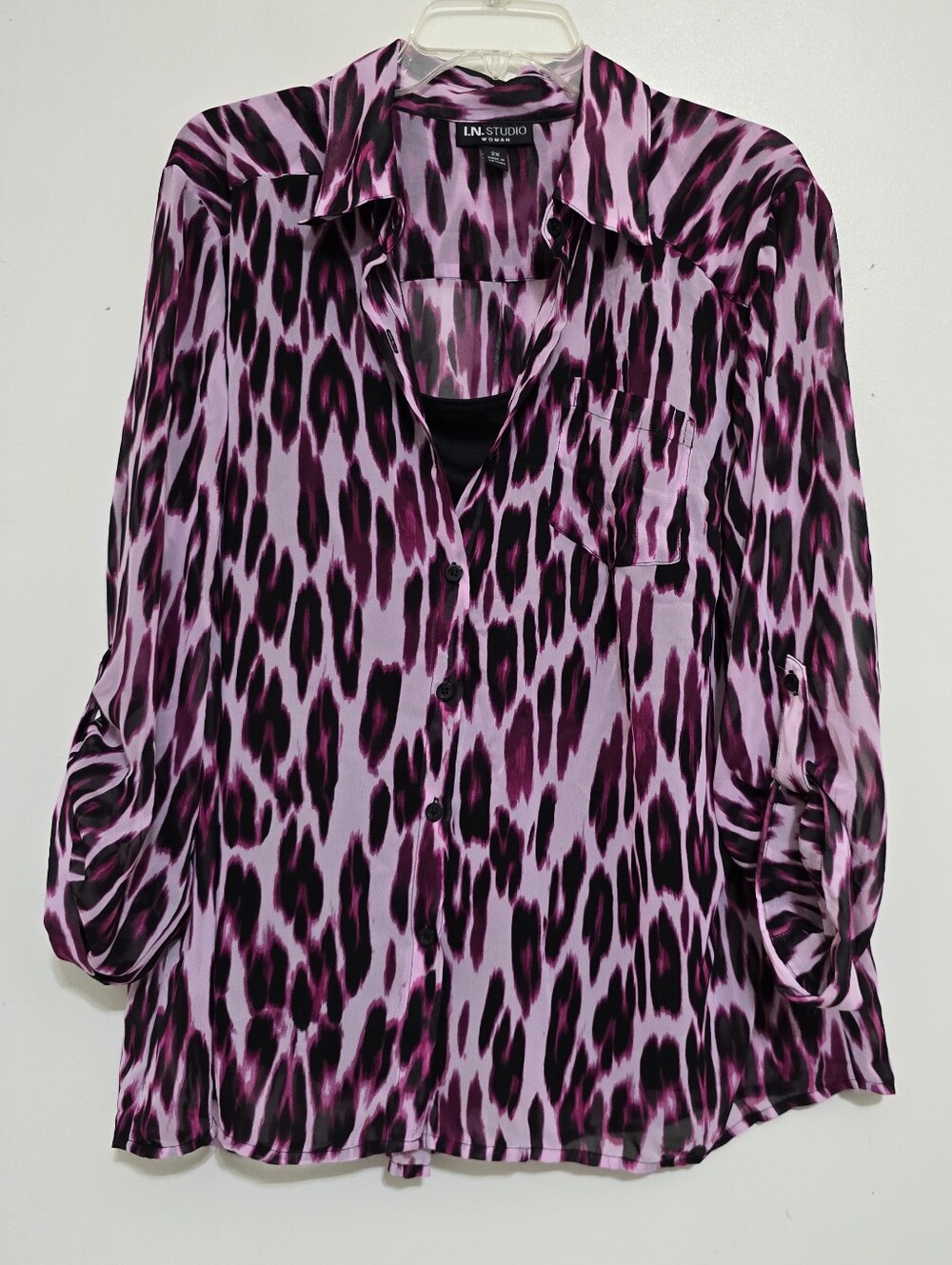 I.N. STUDIO size 2X Layered Animal Print Roll Tab Sleeve Button Blouse Purple